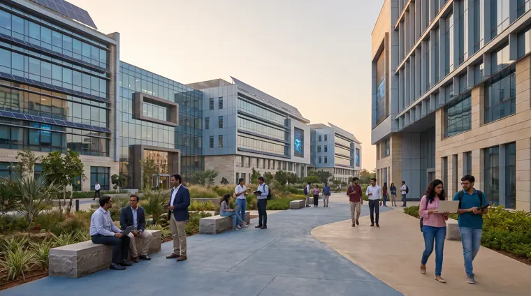 Autonomous institution campus with faculty and students in a courtyard