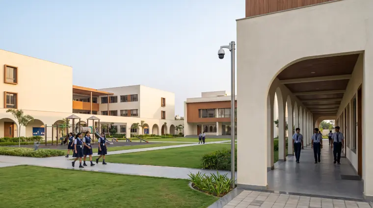 Modern Indian school campus with students walking between blocks