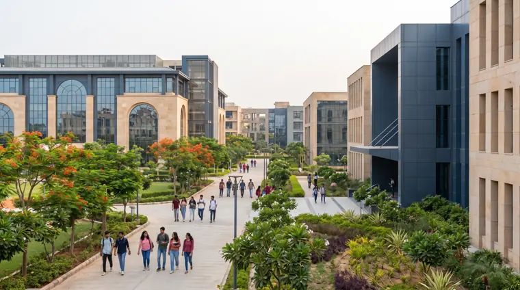 Indian university campus with academic buildings and students