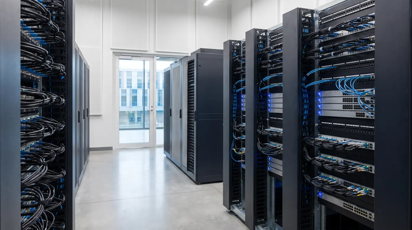 Network racks and structured cabling in an institutional server room
