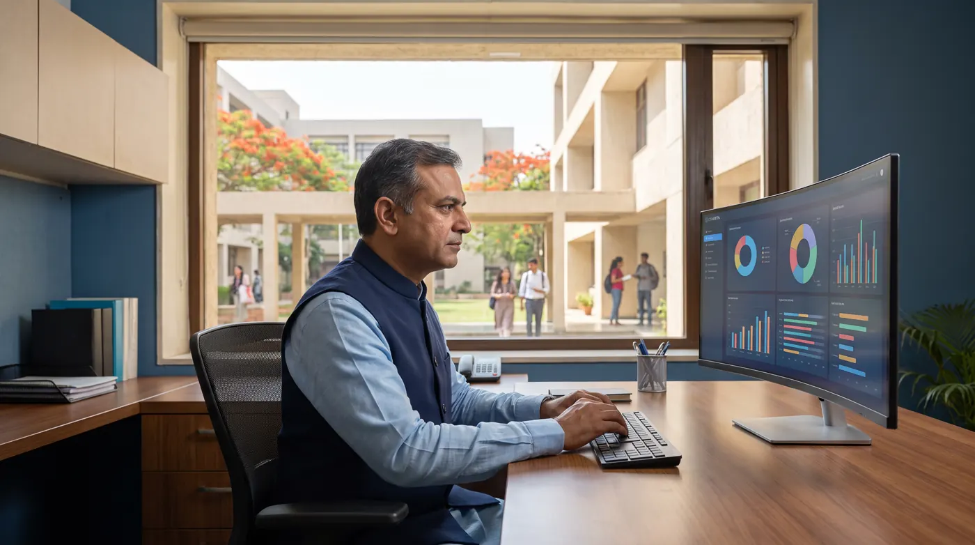 Campus administrator reviewing a management dashboard at an Indian university