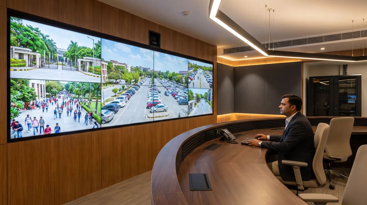 Security operator monitoring campus camera feeds in an integrated control room