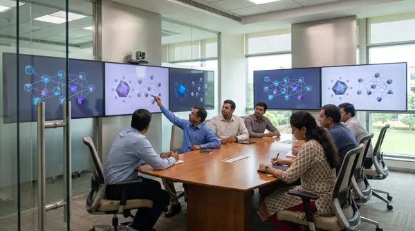 Engineers reviewing campus system architecture on screen
