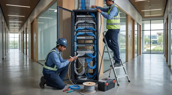 Engineers installing network infrastructure into a campus rack
