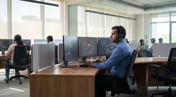 Support engineer monitoring campus systems from an operations desk