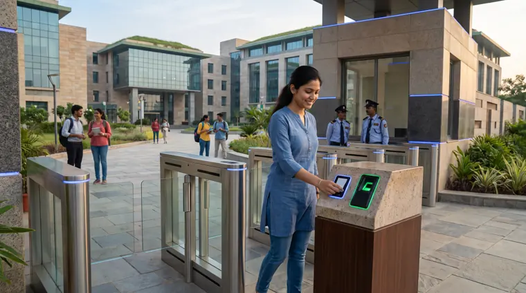 Student passing through an access control turnstile with a card reader