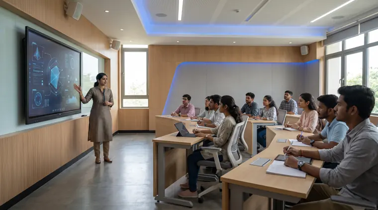 Teacher using an interactive display in a modern Indian classroom