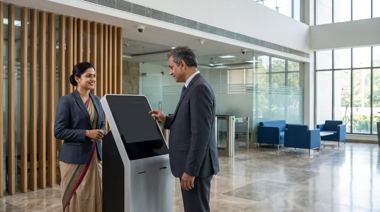 Receptionist assisting a visitor at a digital check-in kiosk